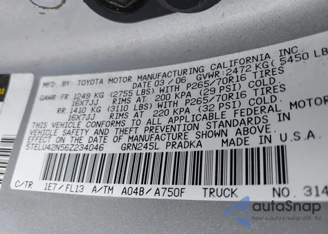 2006 Toyota Tacoma Base V6 z USA, uszkodzony, nr VIN 5TELU42N56Z234046